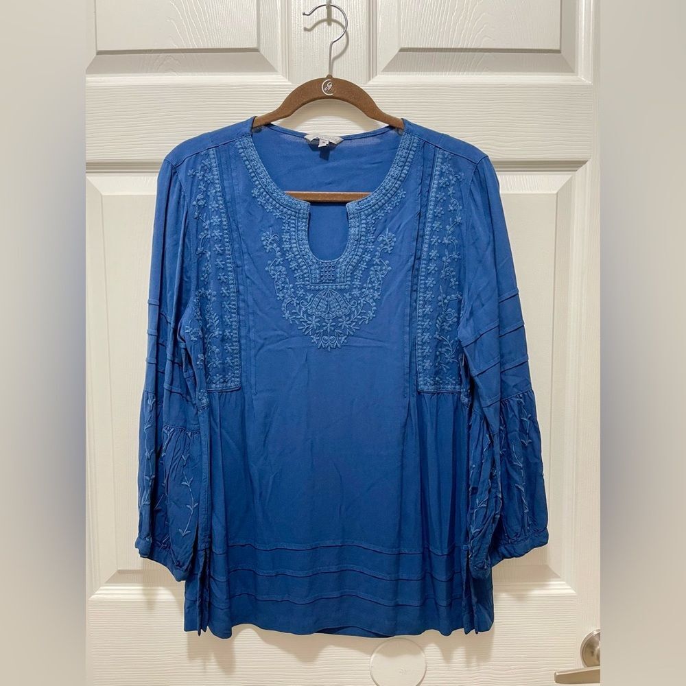 John Mark Womens Embroidered Top Blouse Tunic Size M 3/4 Ruffle Sleeve NWT